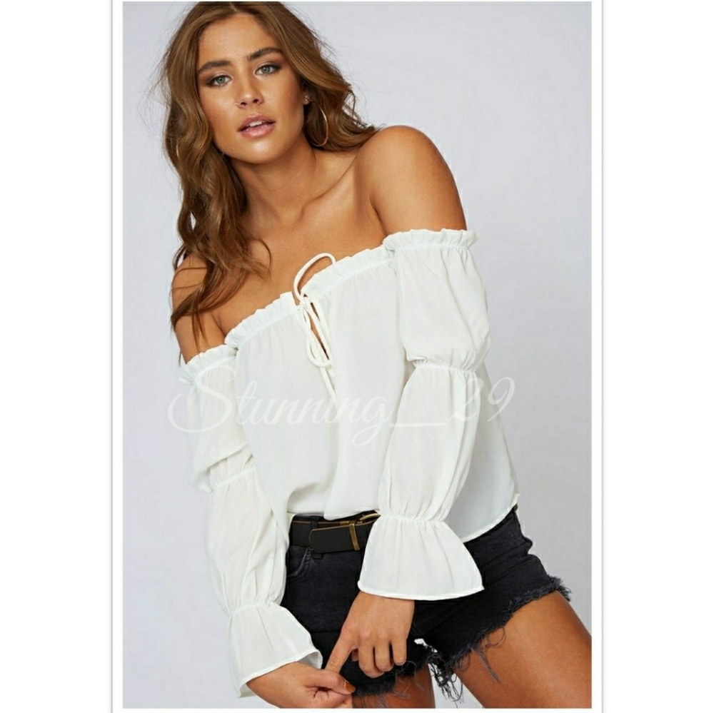 🆕 WHITE OFF SHOULDER LONG BELL SLEEVE RUFFLE TOP - Picture 3 of 6